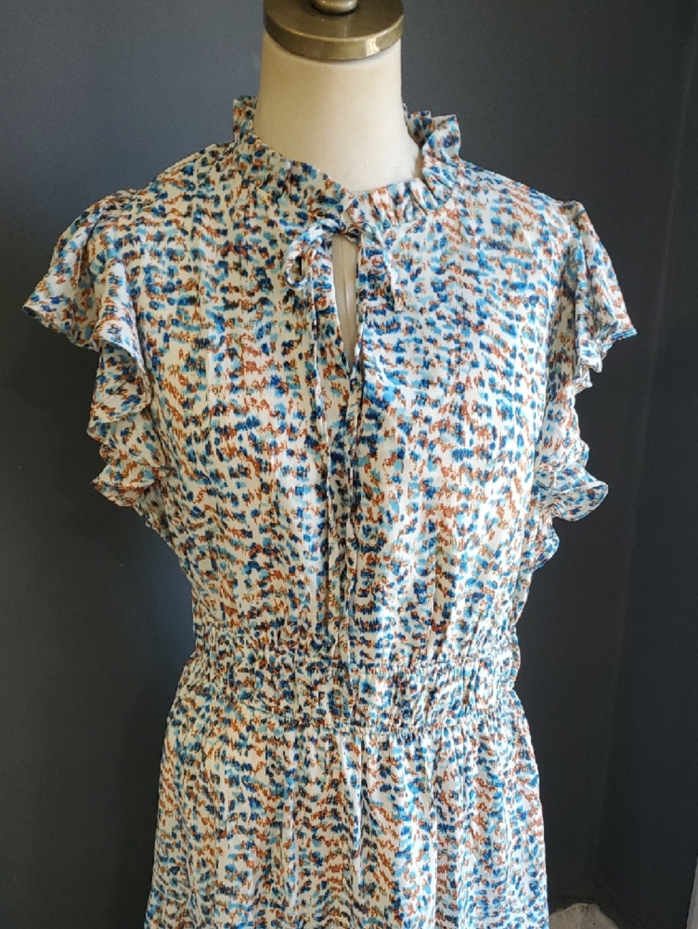 Glamour Blue and Cream Ruffle Sleeve Maxi Dress - Picture 3 of 13
